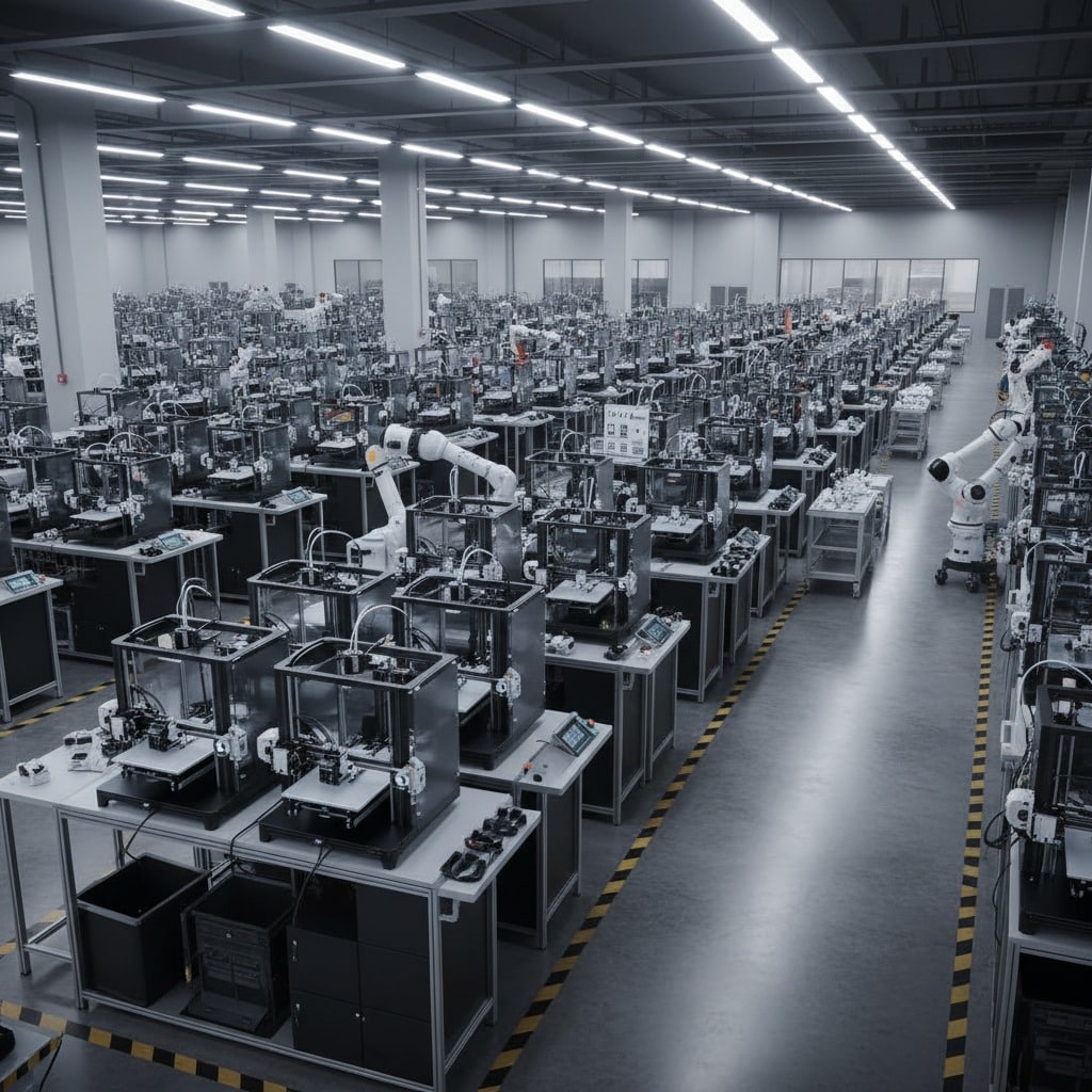 Una enorme granja de impresión 3D de última generación, con cientos de impresoras 3D FDM perfectamente alineadas en largas filas industriales dentro de una nave moderna. Todas las impresoras están funcionando simultáneamente fabricando piezas de diferentes tamaños en colores blanco, negro y gris. Brazos robóticos transportan las piezas terminadas entre estaciones de trabajo automatizadas. Pantallas digitales muestran el estado de producción en tiempo real. La iluminación es brillante con luces LED, ambiente limpio, organizado y altamente tecnológico, suelo de hormigón pulido, perspectiva gran angular que transmite la escala masiva de la fábrica. Estilo fotorrealista, nivel de detalle extremo, ultra high definition, cinematic lighting, industrial automation, realistic materials, 8K.